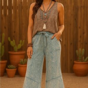 Boho Kick-Out Acid Wash Blue Wide-Leg Pants